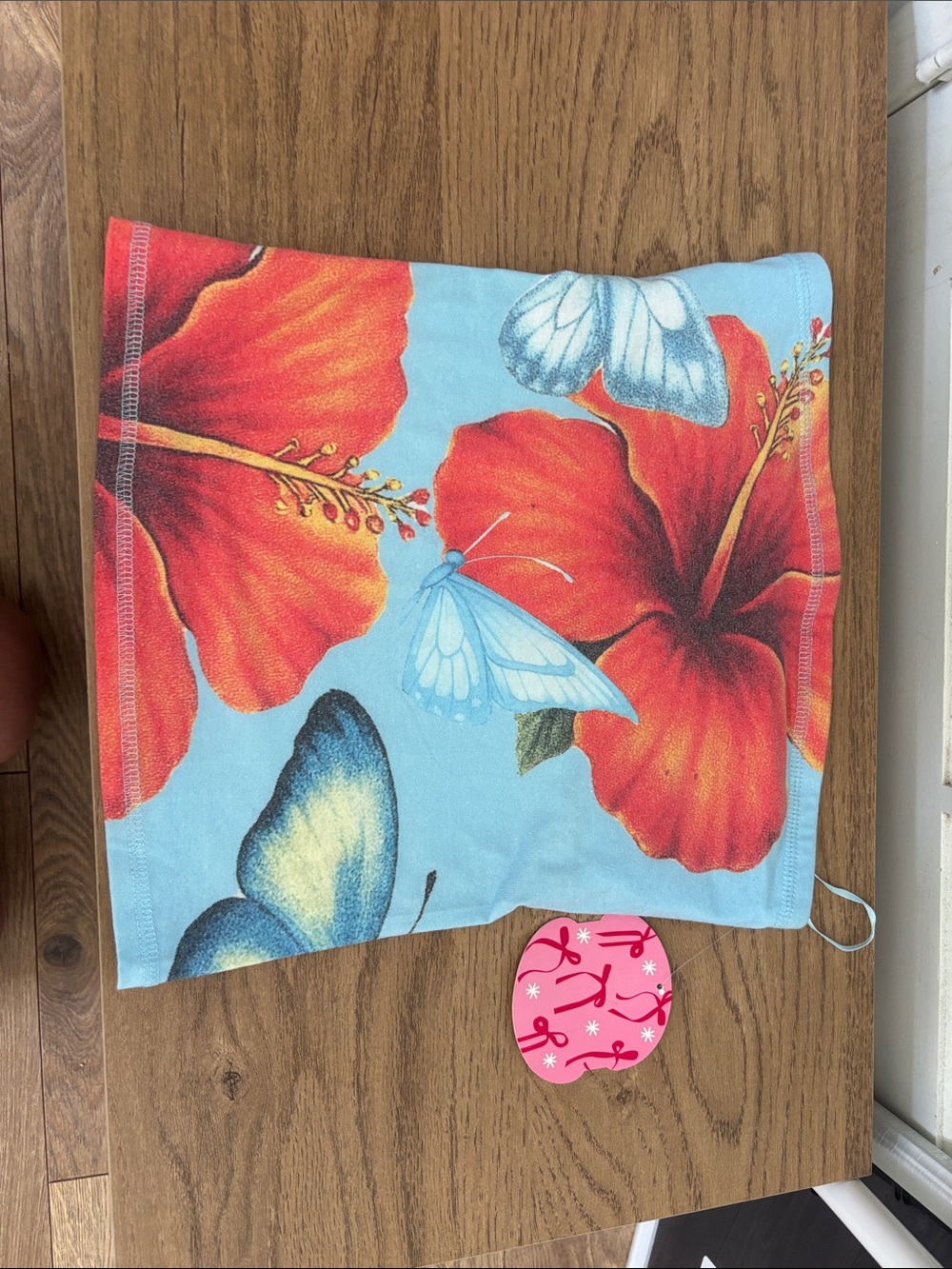 Floral Butterfly Crop Top - Light Blue with Red Hibiscus